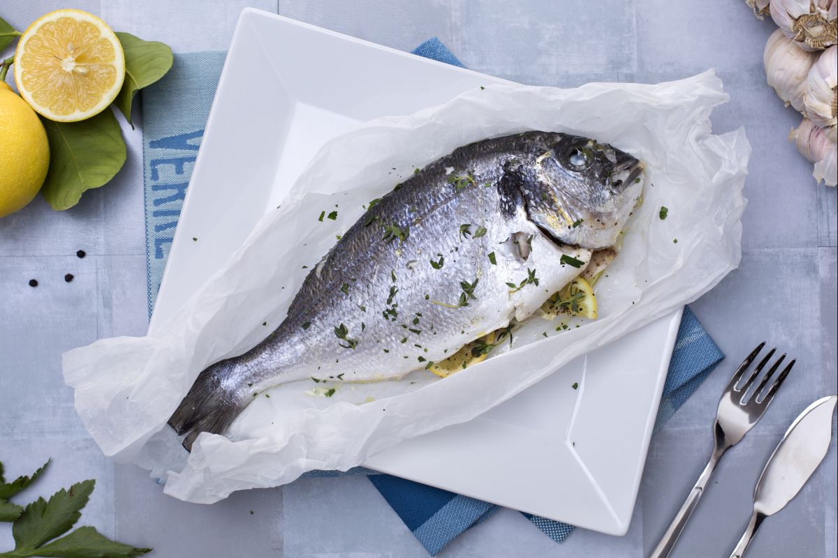 Foil-baked sea bream