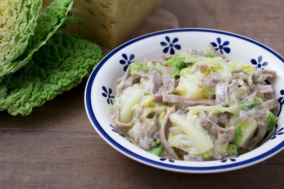 Pizzoccheri alla valtellinese (Buckwheat flat pasta with cabbage)