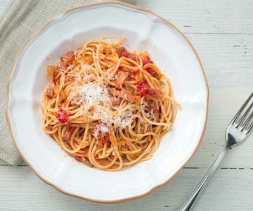 Spaghetti Amatriciana (Spaghetti with guanciale and tomato)