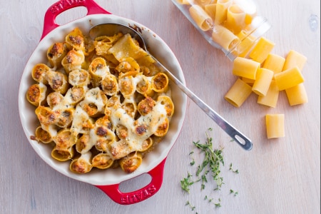 Paccheri pasta stuffed with sausage and mushrooms