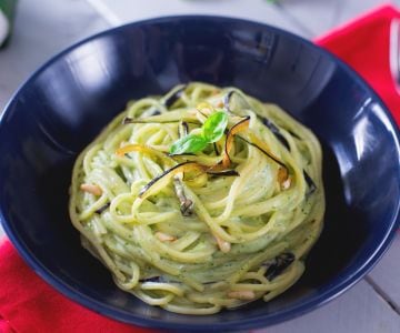 Spaghetti with creamy burrata and eggplant