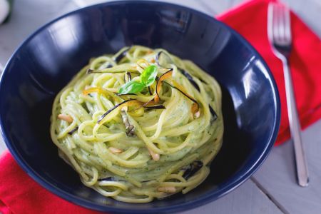 Spaghetti with creamy burrata and eggplant