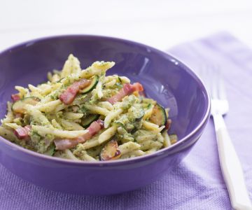 Trofie pasta with creamy zucchini and pancetta