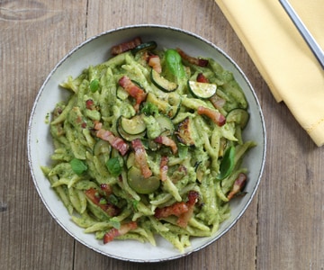 Trofie pasta with creamy zucchini and pancetta