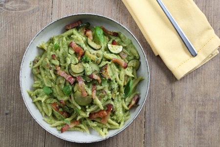 Trofie pasta with creamy zucchini and pancetta