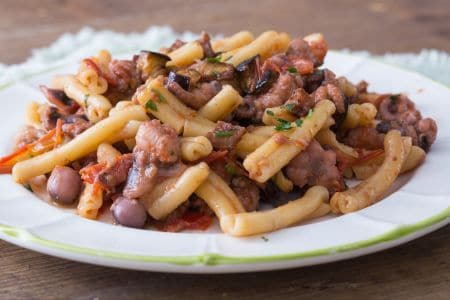 Casarecce pasta with musky octopus and eggplant