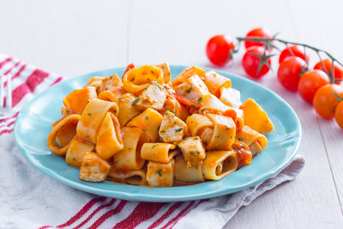 Calamarata pasta with swordfish ragù