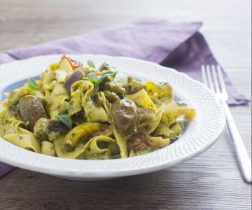 Tagliatelle with eggplant, pesto, and cherry tomatoes