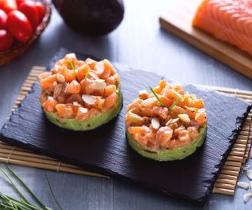 salmon tartare with avocado and toasted almonds