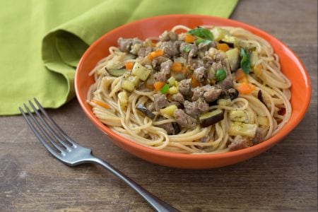 Eggplant and sausage pasta