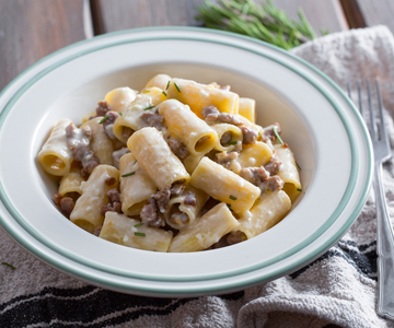 Pasta with sausage and taleggio cheese