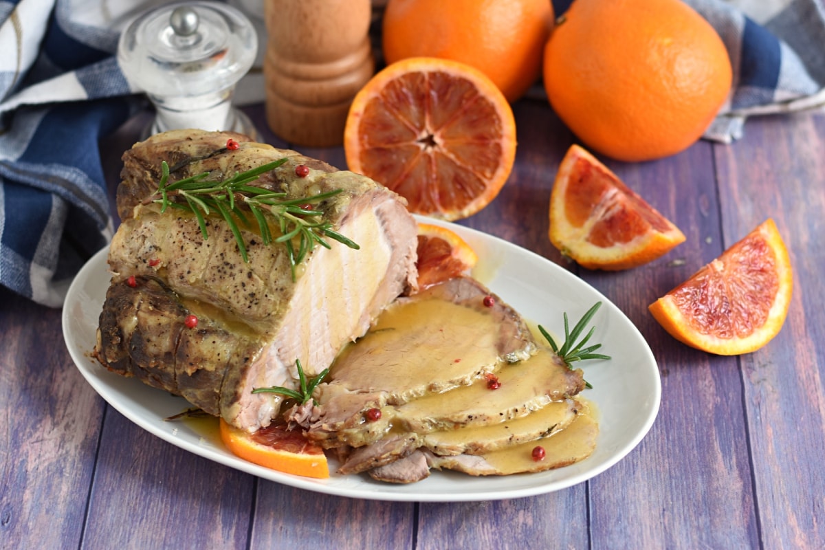 Slow roasted pork loin with orange sauce