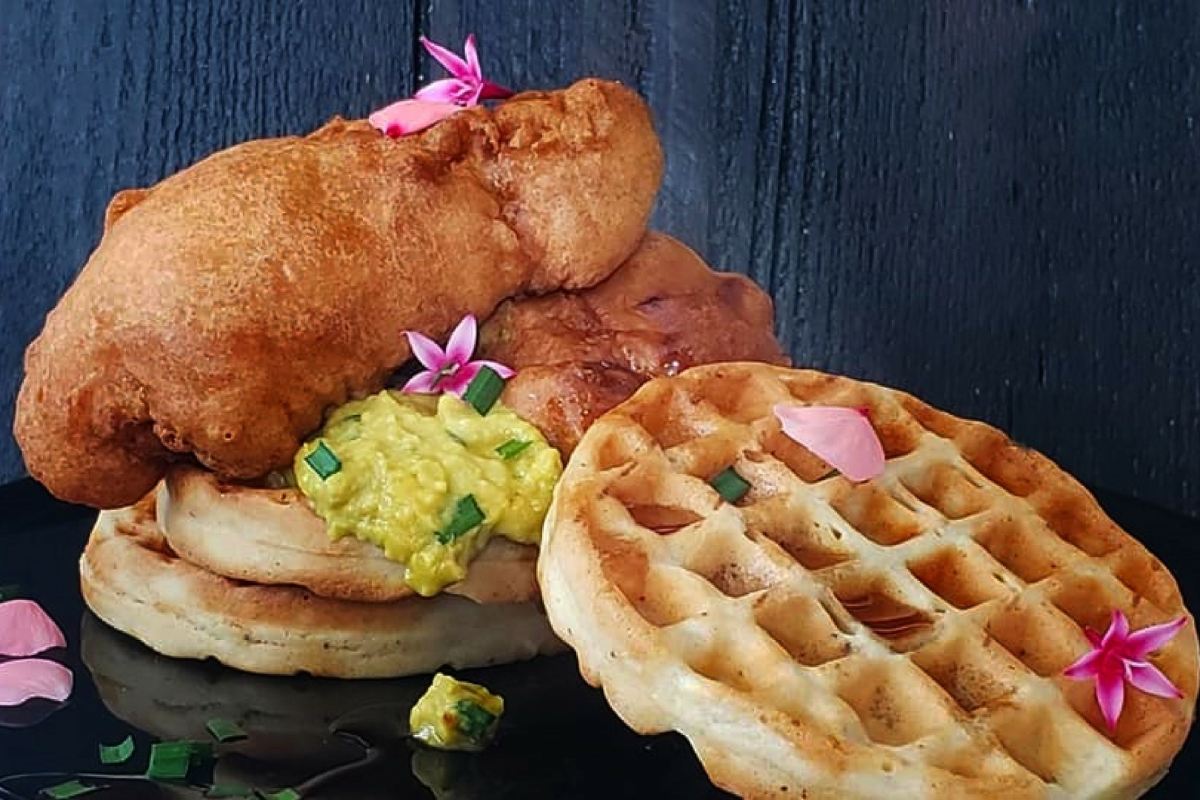 Fried chicken and sourdough waffles with guacamole