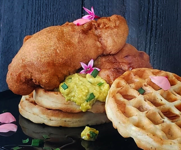 Fried chicken and sourdough waffles with guacamole
