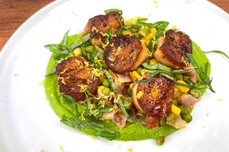 Sea scallops, corn, peas and bacon