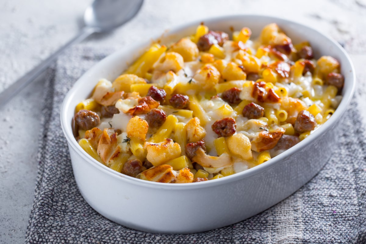 Cauliflower and sausage pasta bake