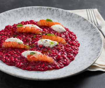 Champagne Risotto with Red Beet, Stracciatella, Red Shrimp, and Lime