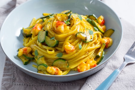 Linguine with shrimp, zucchini, and saffron