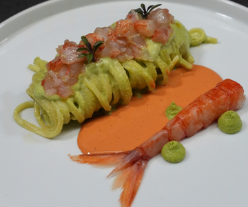 Pistachio Pesto Linguine with Shrimp Tartare