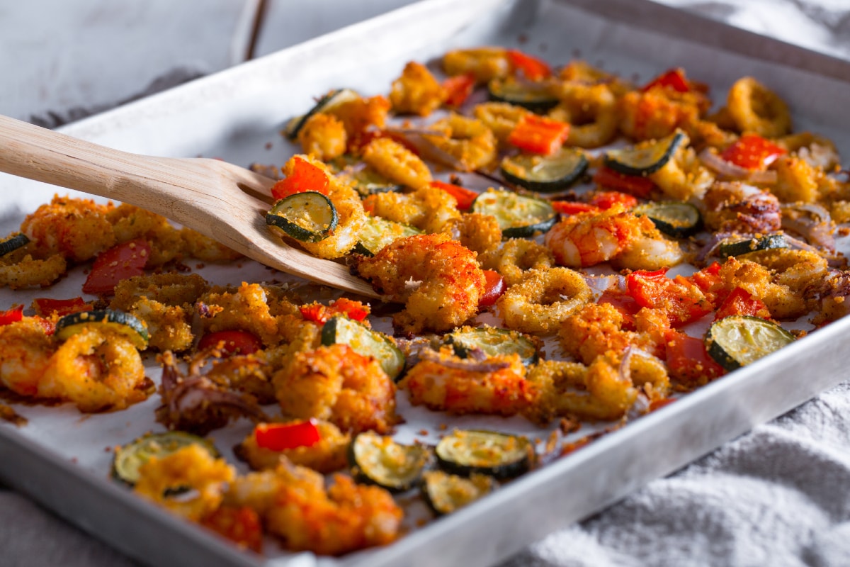 Gratinated Squid and Shrimp with Vegetables