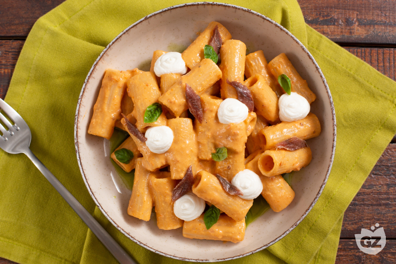 Pasta with Sun-dried Tomato Pesto, Ricotta, and Anchovies