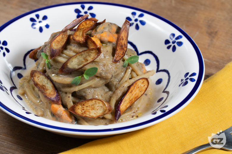 Spaghetti with Eggplant, Pecorino, and Mussels