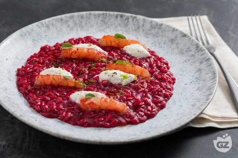 Risotto with Champagne, Beetroot and Prawns