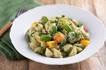 Cold pasta with ricotta, avocado, and green beans