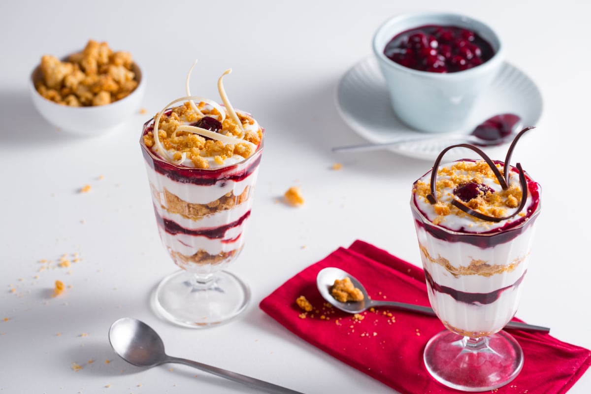 Yogurt mousse with sour cherry gelée and crumble