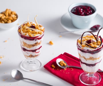 Yogurt mousse with sour cherry gelée and crumble