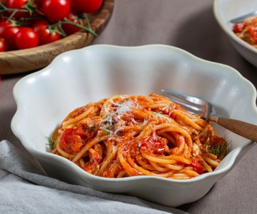 Spaghetti with tomato, anchovies, and pecorino