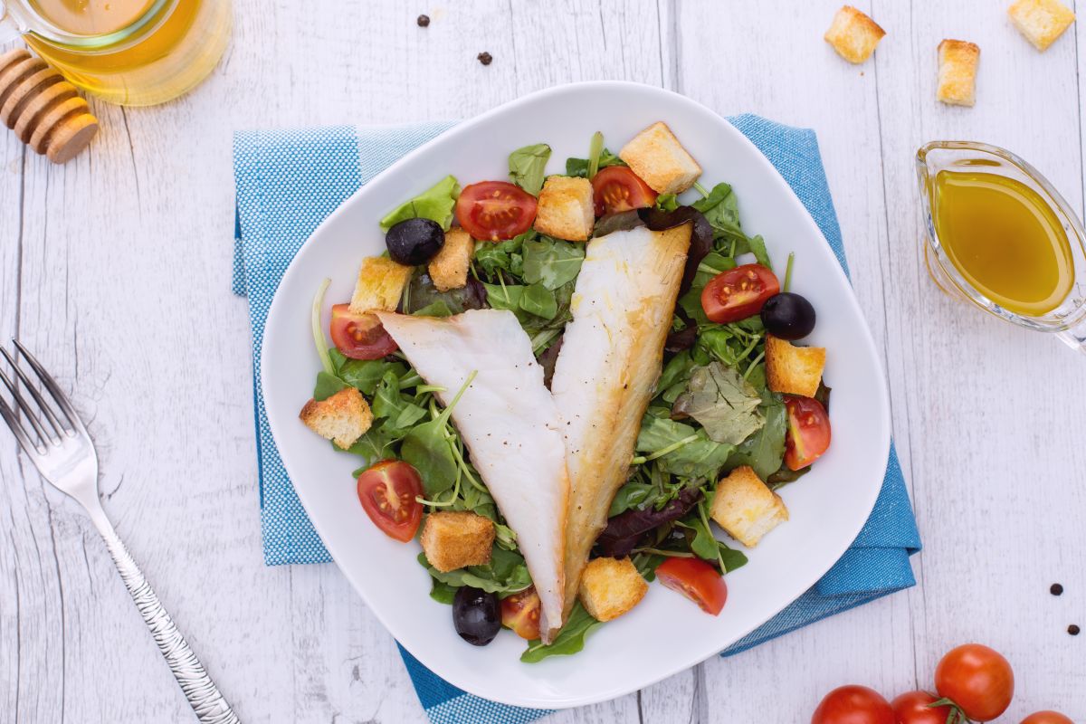 Smoked Sea Bream on Mixed Greens, Croutons, and Honey Vinaigrette