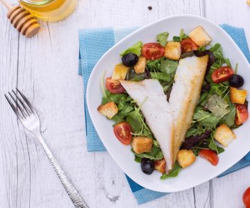 Smoked Sea Bream on Mixed Greens, Croutons, and Honey Vinaigrette