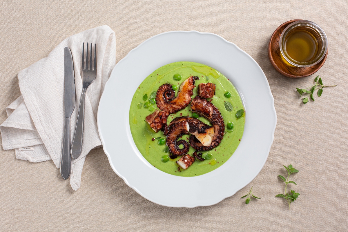 Octopus on Pea and Potato Cream