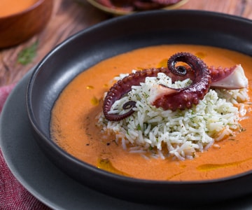 Bell Pepper Gazpacho with Basmati and Octopus