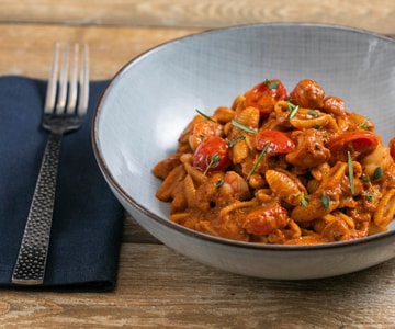 Sardinian Gnocchetti with Bell Pepper Cream, Cherry Tomatoes and Shrimps