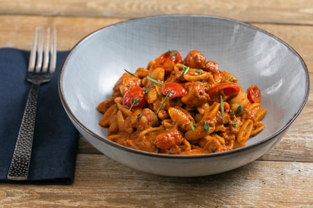 Sardinian Gnocchetti with Bell Pepper Cream, Cherry Tomatoes and Shrimps