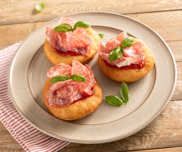 Fried Montanarine with Salami and Stracciatella