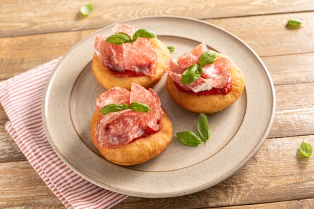 Fried Montanarine with Salami and Stracciatella
