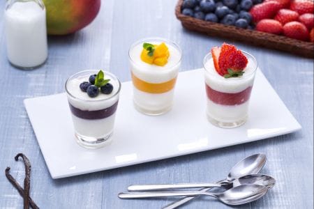 Trio of Panna Cotta with Strawberries, Blueberries, and Mango