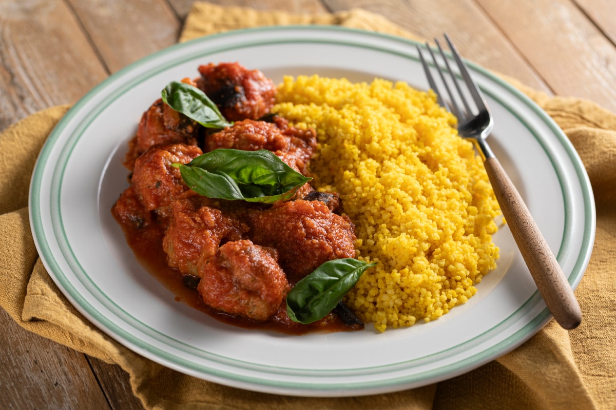Couscous with Eggplant Meatballs in Sauce