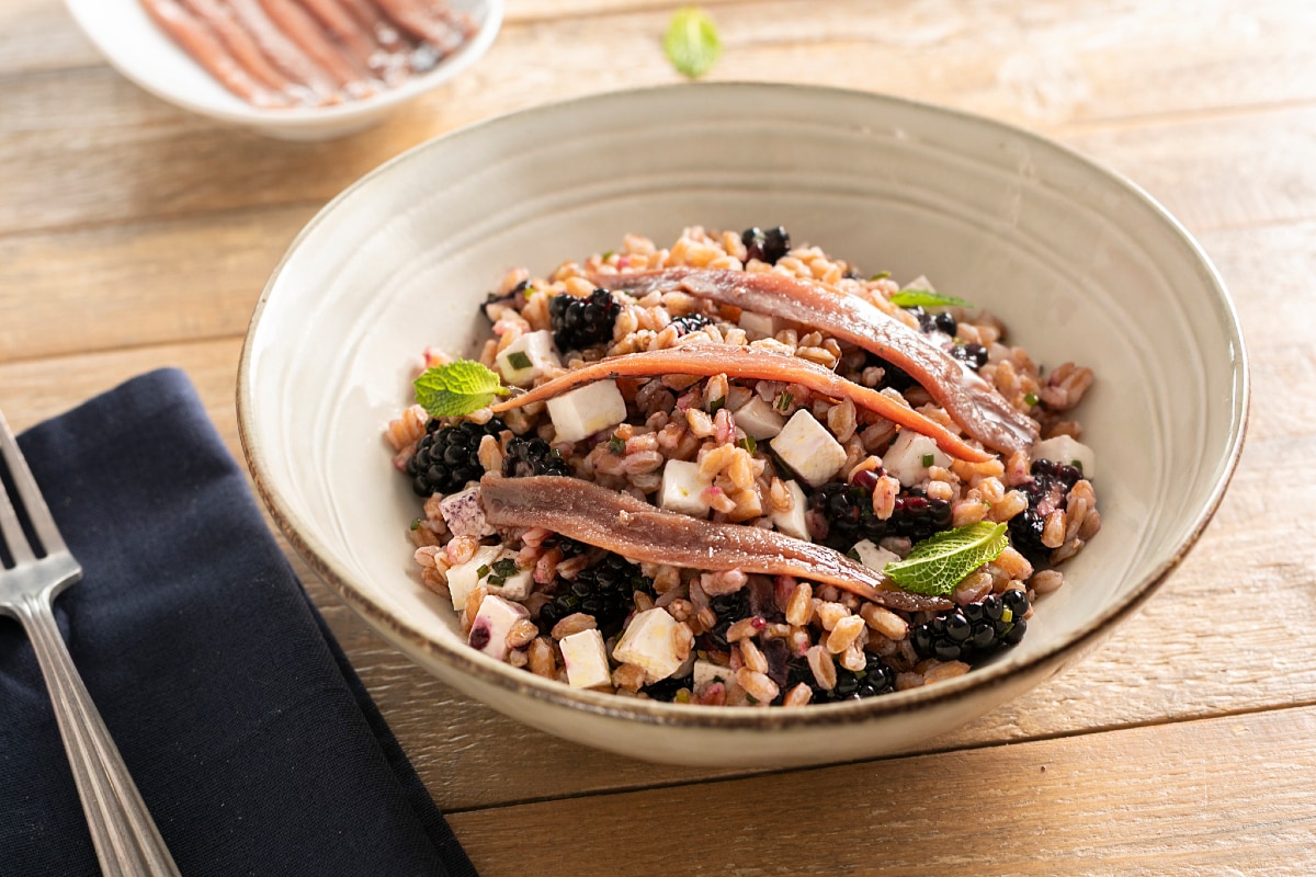 Farro salad with primosale cheese, blackberries, and anchovies