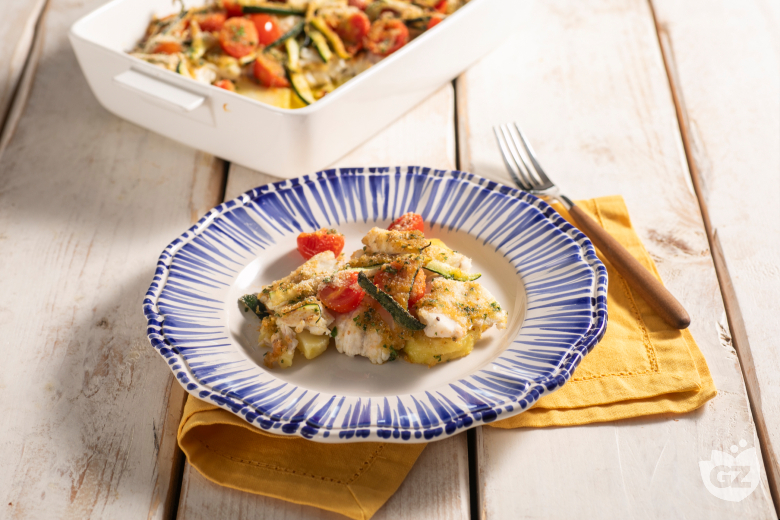 Gratinated Sea Bass with Tomatoes, Potatoes, and Zucchini