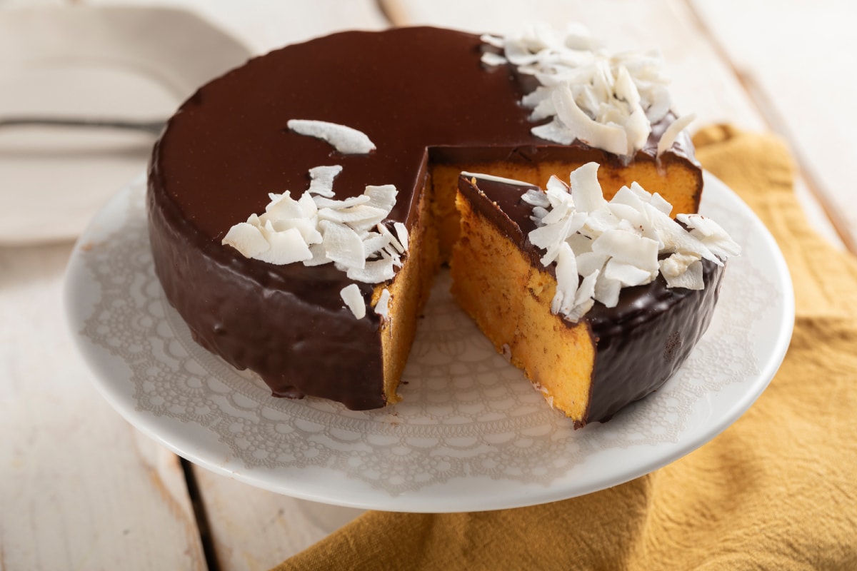 Cake with carrots, coconut, and chocolate