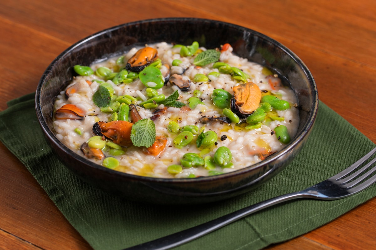 Risotto with mussels, fava beans, and pecorino