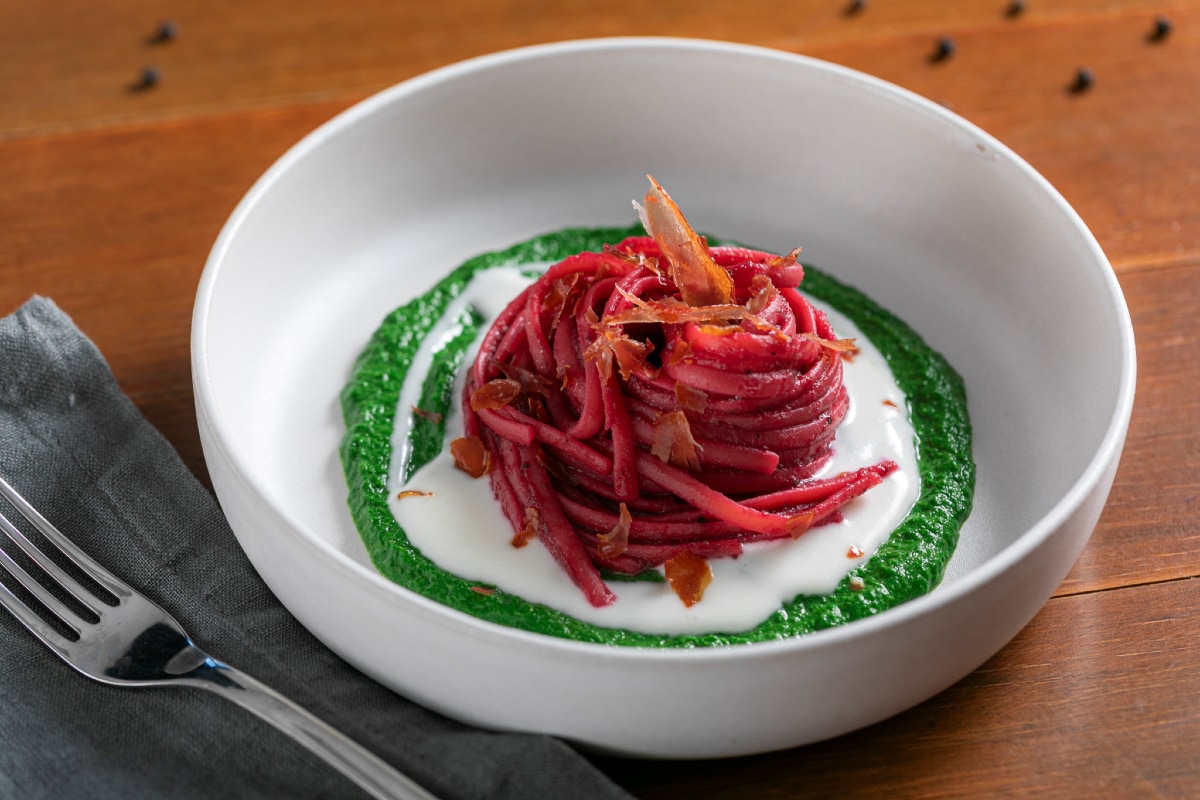 Beetroot Pasta on Spinach and Speck Cream