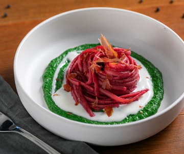 Beetroot Pasta on Spinach and Speck Cream