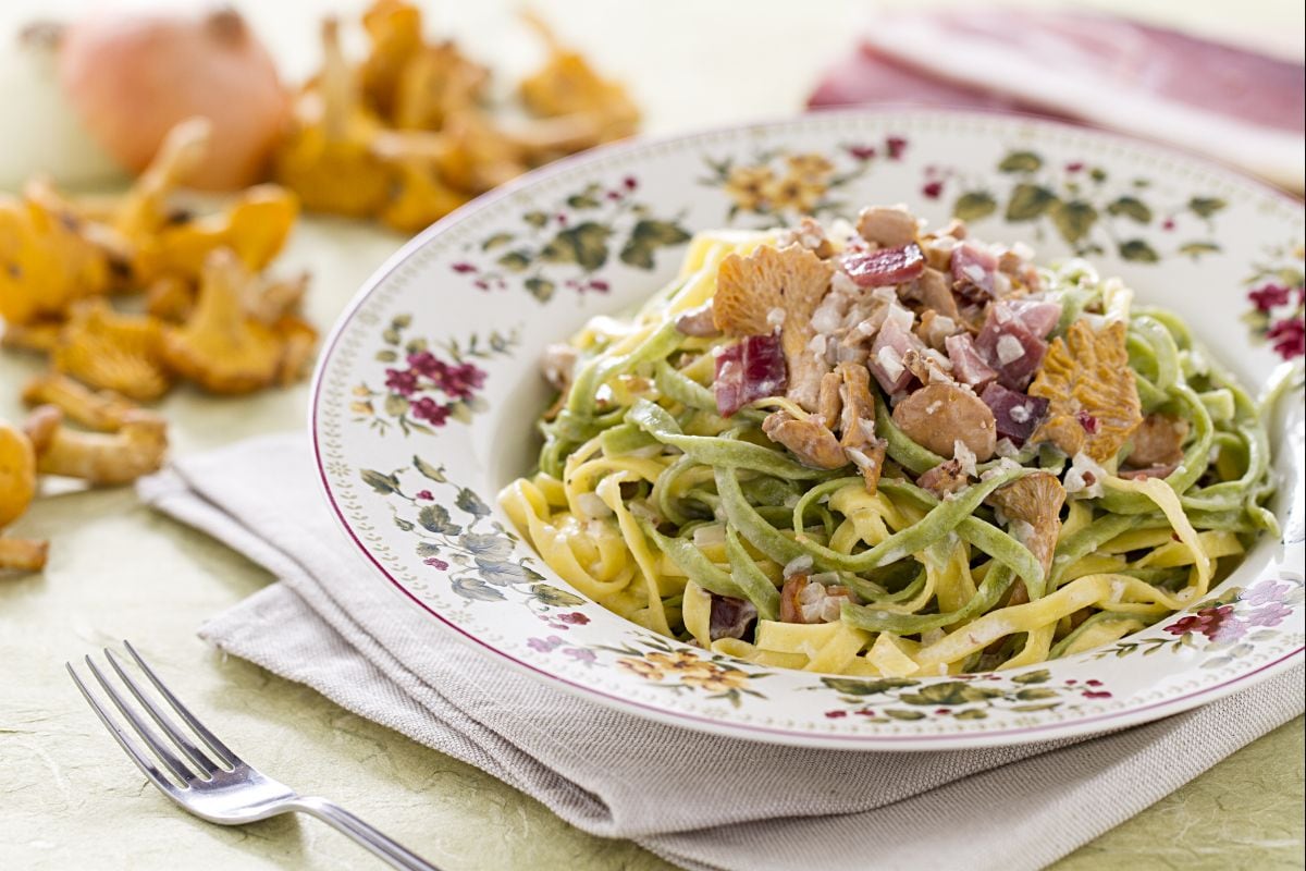 Tagliatelle straw and hay with chanterelle and speck ragù