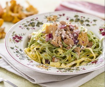 Tagliatelle straw and hay with chanterelle and speck ragù