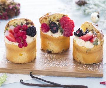 Mini panettones filled with cream, custard, and fruit